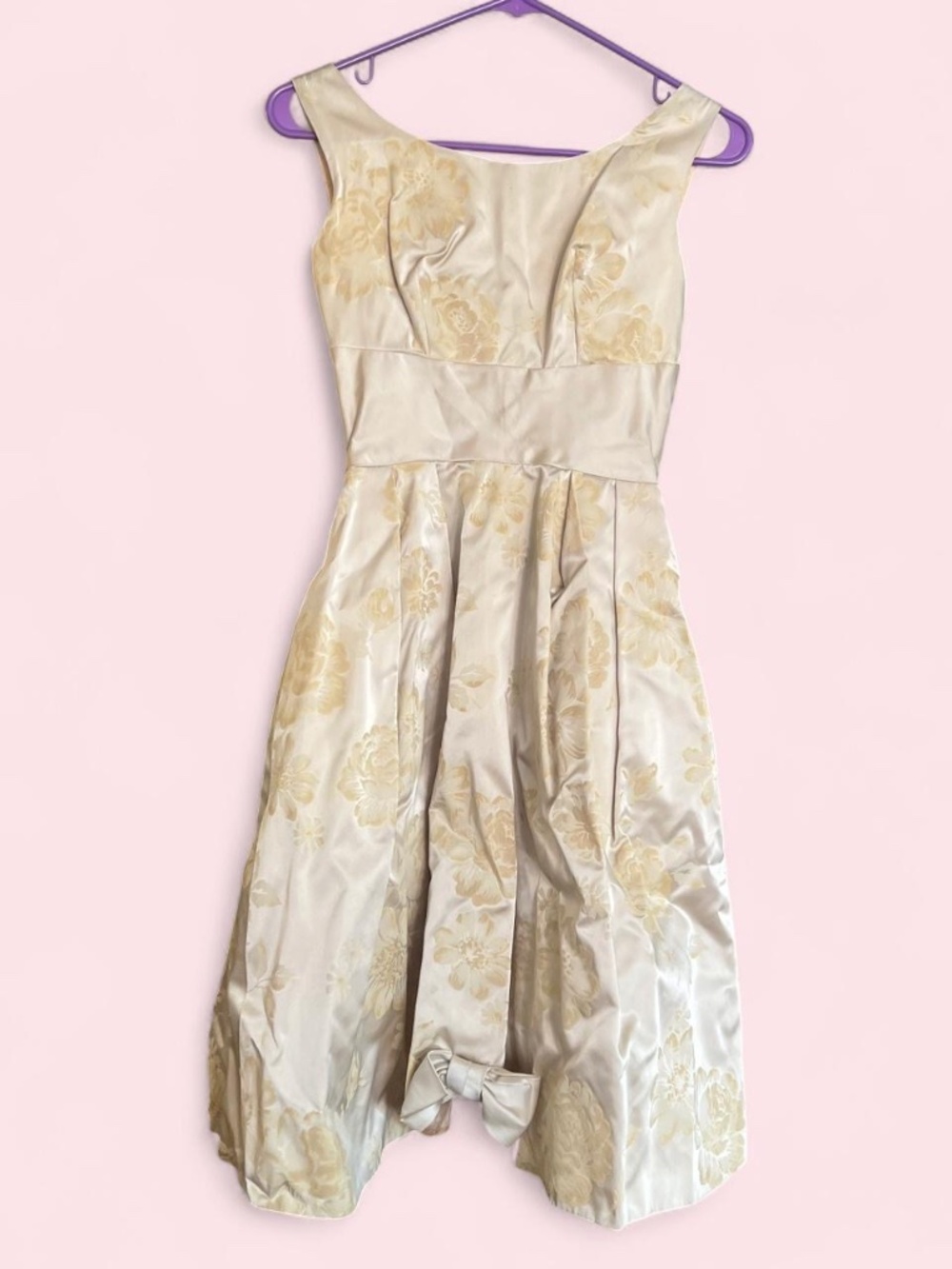 Vintage 50s 60s Party Dress Champagne Velvet Floral Bow Crinoline Wide Boat Neck